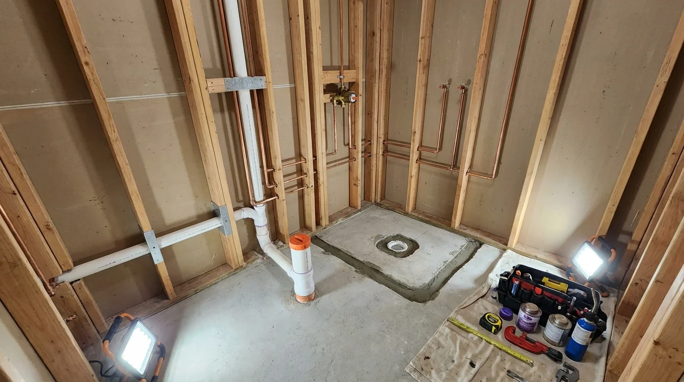 Bathroom rough-in plumbing during remodel by Johns Plumbing LLC in Blue Earth