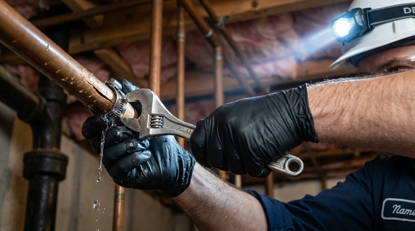 Emergency pipe clamp repair being performed by a Johns Plumbing LLC plumber in Blue Earth