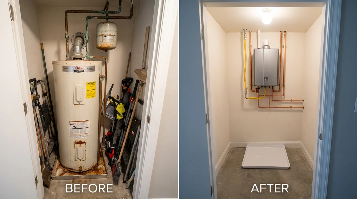 Tank water heater versus wall-mounted tankless unit comparison for Blue Earth, MN homeowners
