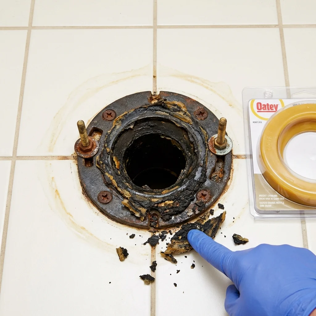 Failed wax ring showing water seepage at the base of a toilet in a Blue Earth, MN home