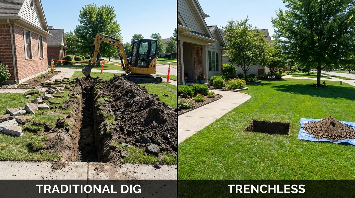 Trenchless sewer repair with minimal yard damage versus traditional excavation in Blue Earth, MN
