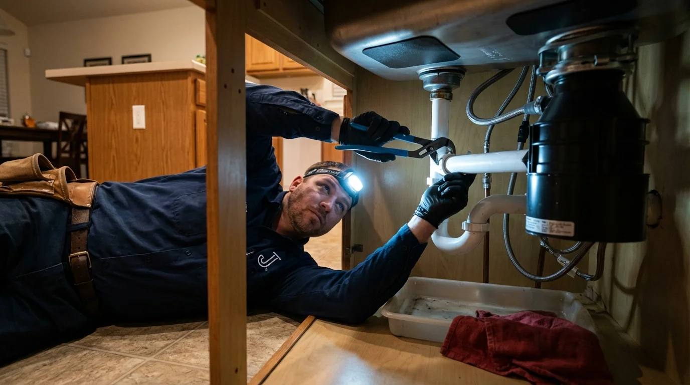 P-trap and supply line connections under a kitchen sink showing a common leak point in Blue Earth, MN